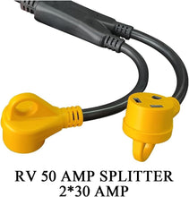 Load image into Gallery viewer, Durable 2.5ft RV Power Adapter: 50A Male to Twin 30A Female with Comfort Grip