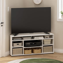 Load image into Gallery viewer, Lightweight White Corner TV Stand - Accommodates 55-Inch TVs with Style