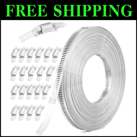 50FT Stainless Steel Hose Clamp Kit - Adjustable Metal Strapping & 20 Fasteners