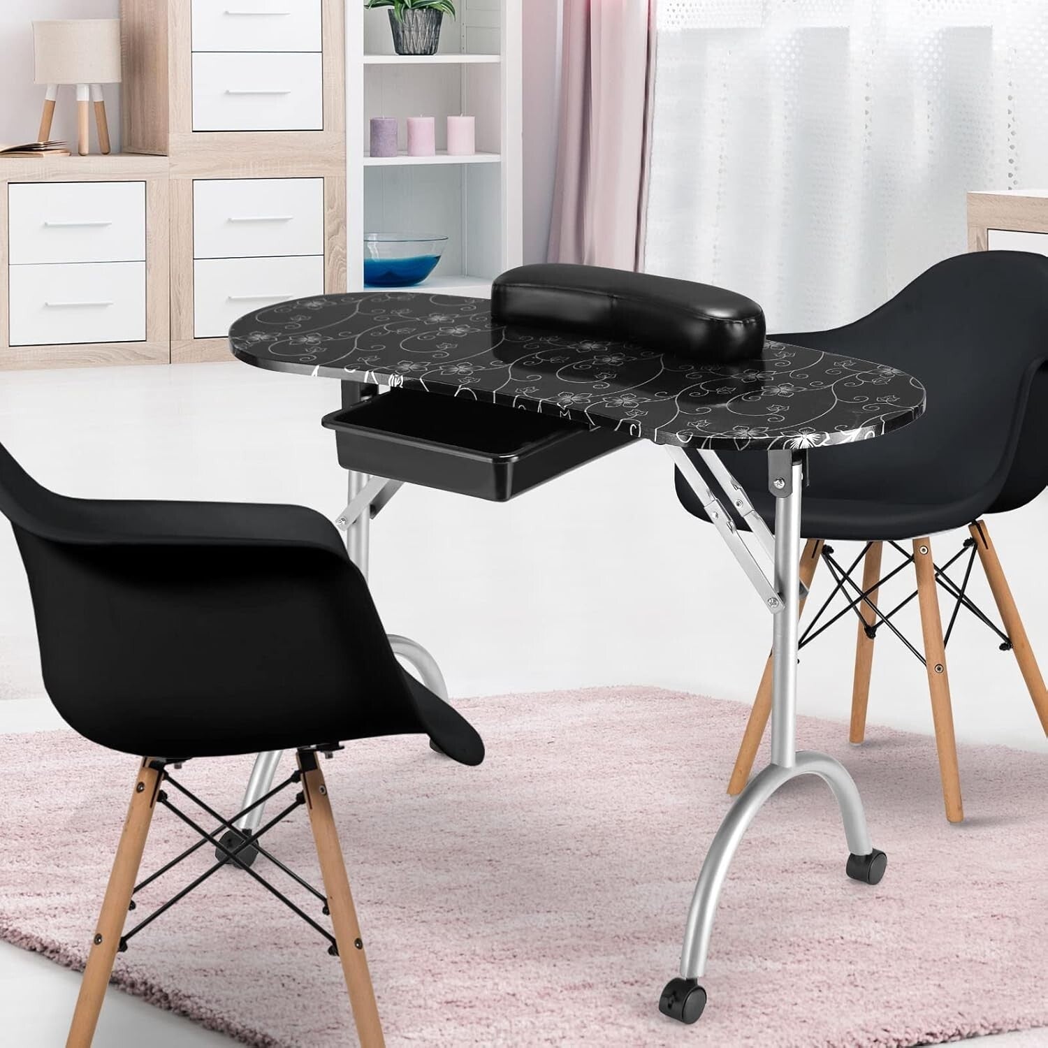 Foldable Portable Manicure Table with Large Drawer & Lockable Casters, Black