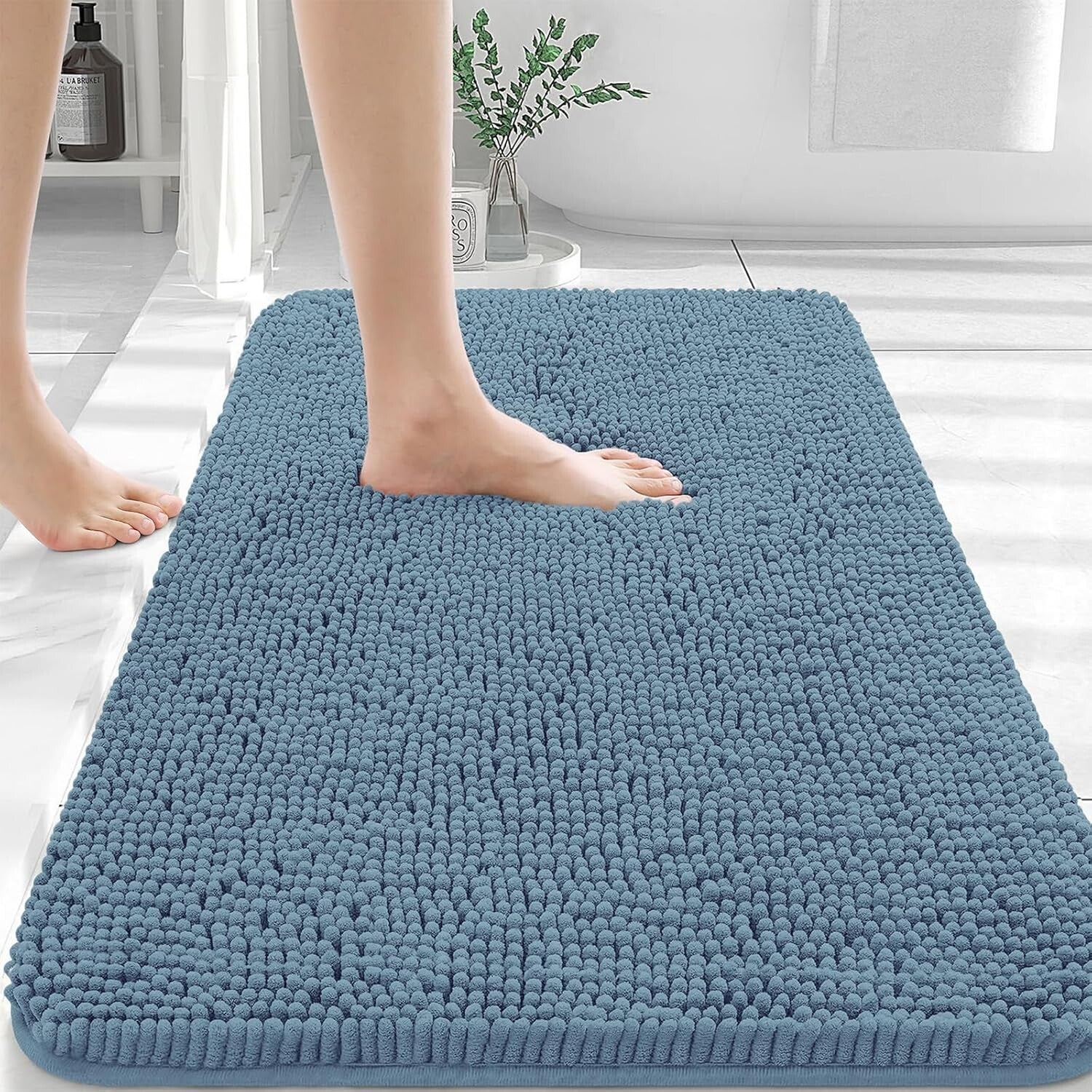 Airy Blue Chenille Bath Mat 30x20 - Plush, Absorbent & Machine Washable Beauty
