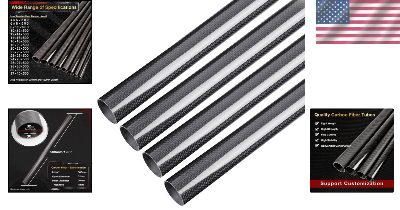 Elegant 4-Pack 37mm Inner Diameter Carbon Fiber Tubes - 500mm Lightweight Design