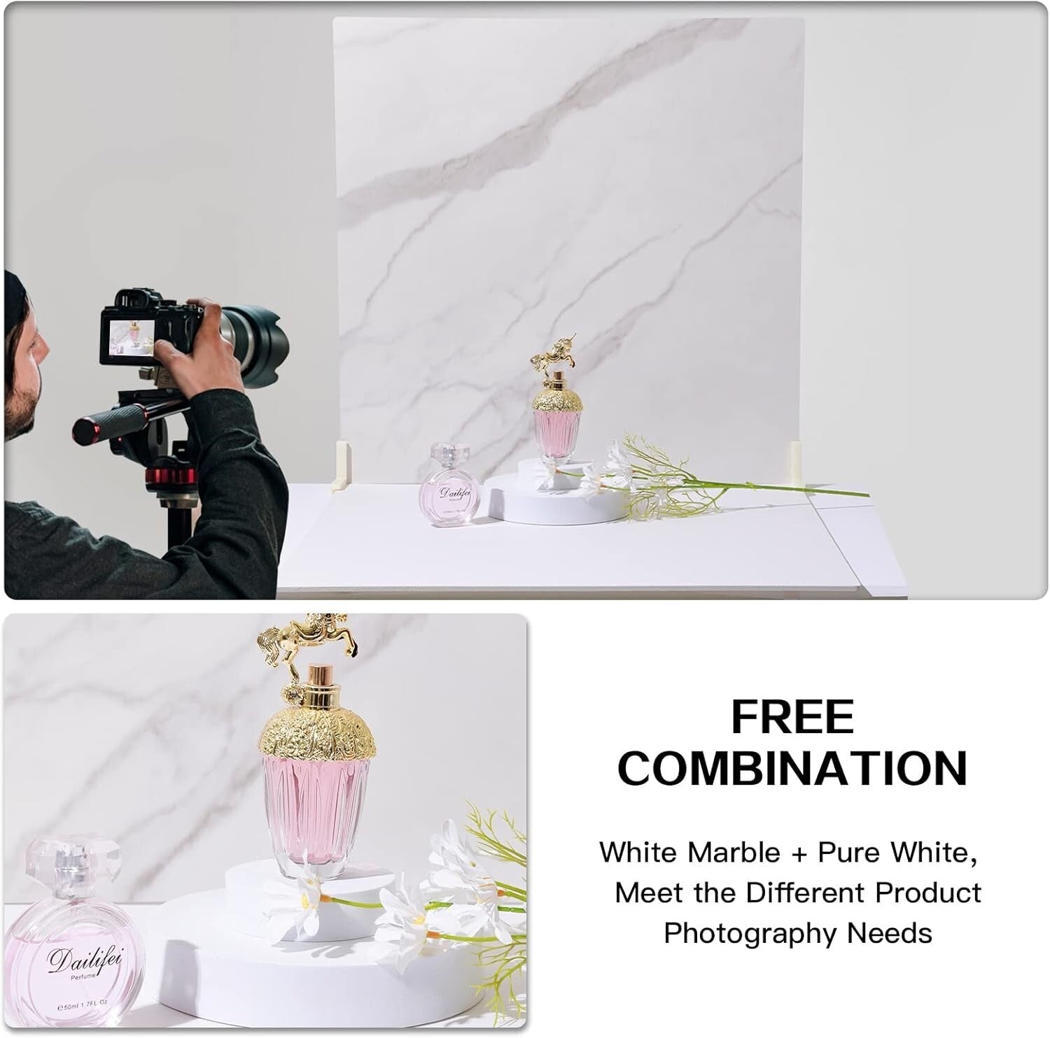 Versatile Marble and White Photography Backdrop Boards with Brackets - 2 PCS Set