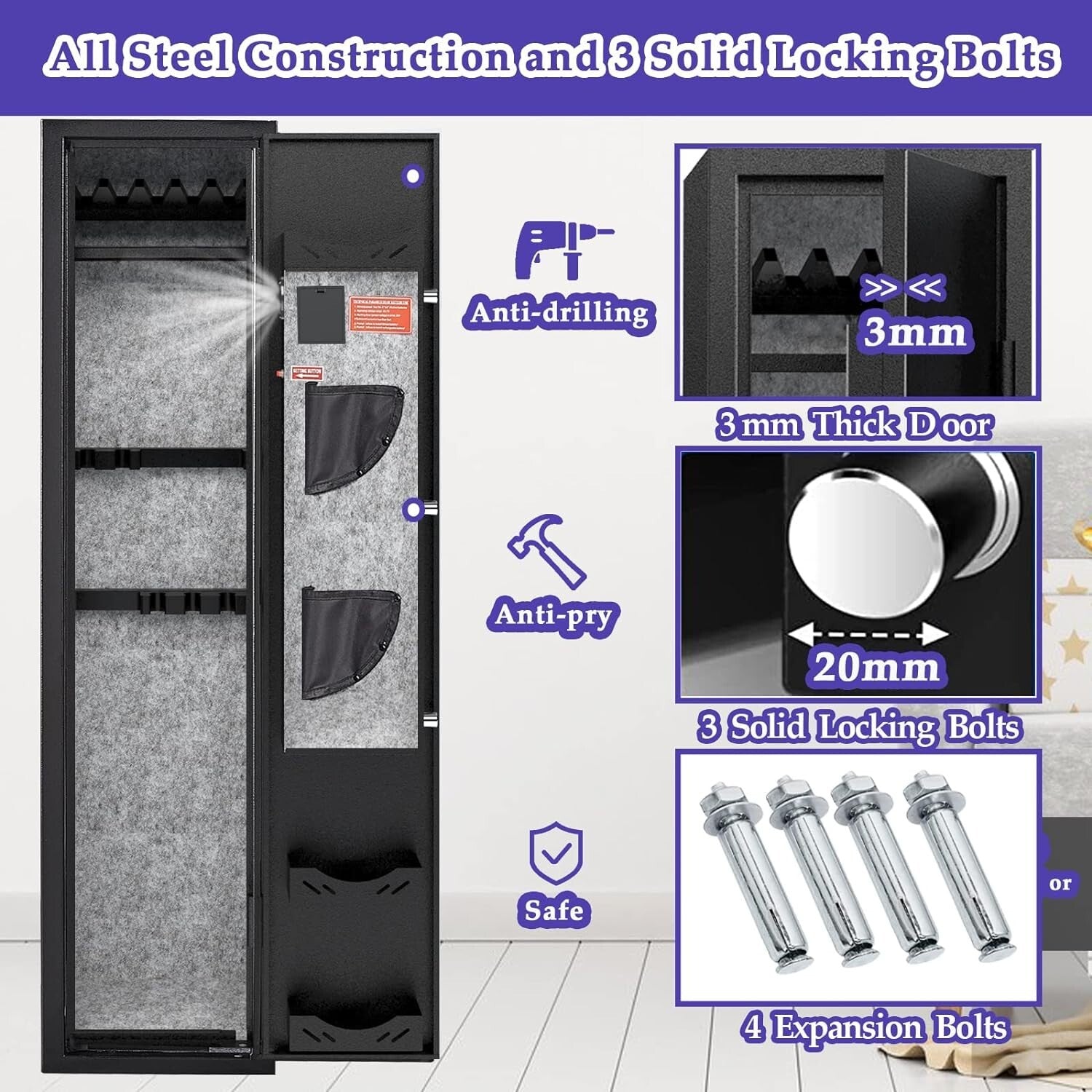Secure 3-5 Rifle Safe with LED Lighting & Anti-Theft Features - Wall/Floor Mount