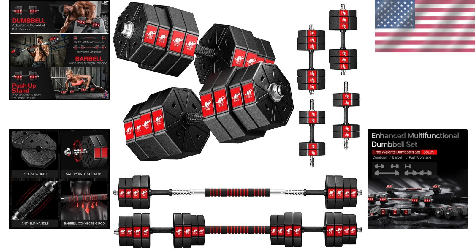 Multi-Function Home Gym Dumbbells - 44lbs, 66lbs & 88lbs Adjustable Weights