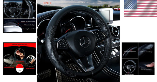 Soft Black Cowhide Steering Wheel Cover with Eco-Friendly Inner Ring - 15.5 Inch