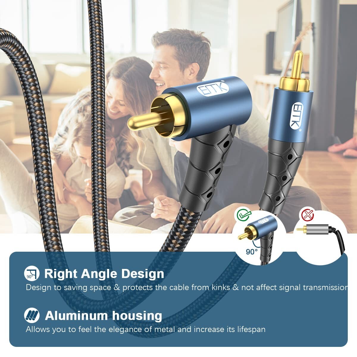 Flexible 90 Degree RCA to RCA Cable 50ft - Supports Home Systems & Subwoofers