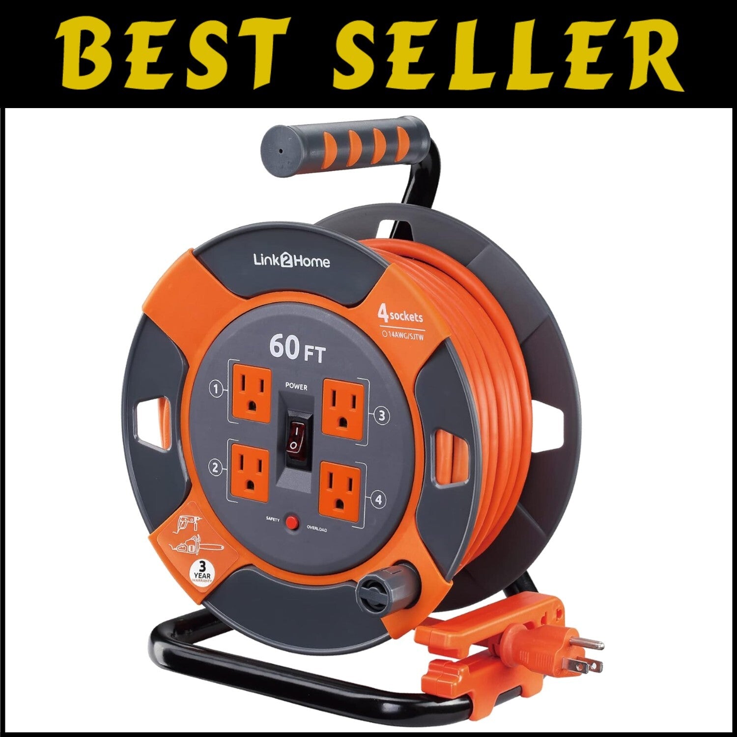 60 Ft High Visibility Extension Cord Reel - 4 Outlets & Tangle-Free Management