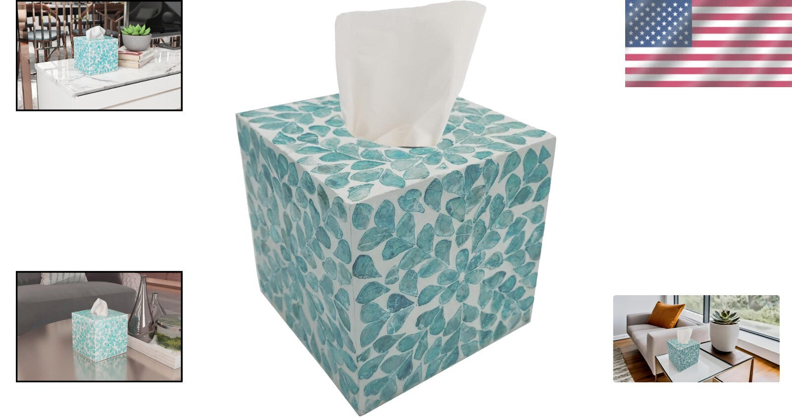 5.9-Inch Mother of Pearl Cube Tissue Box Cover - Rustic Teal Floral Decor