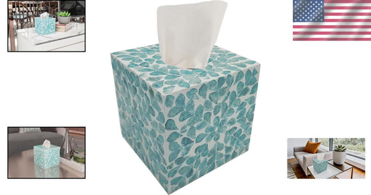 5.9-Inch Mother of Pearl Cube Tissue Box Cover - Rustic Teal Floral Decor