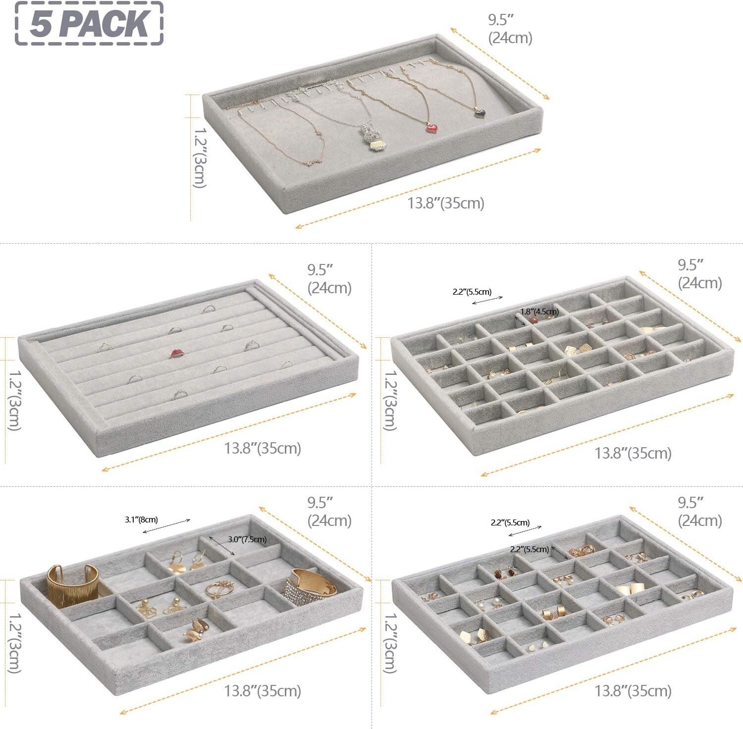 Versatile Velvet Jewelry Trays Set - 5 Stackable Organizers for Rings, Necklaces