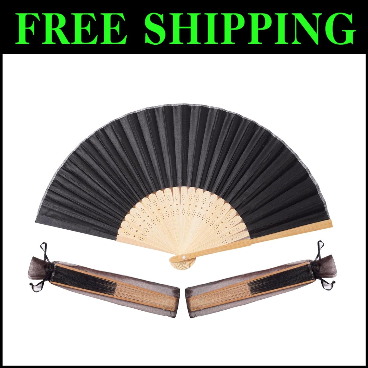Elegant 50pcs Black Fabric Hand Fans with Organza Bags - Perfect for Weddings
