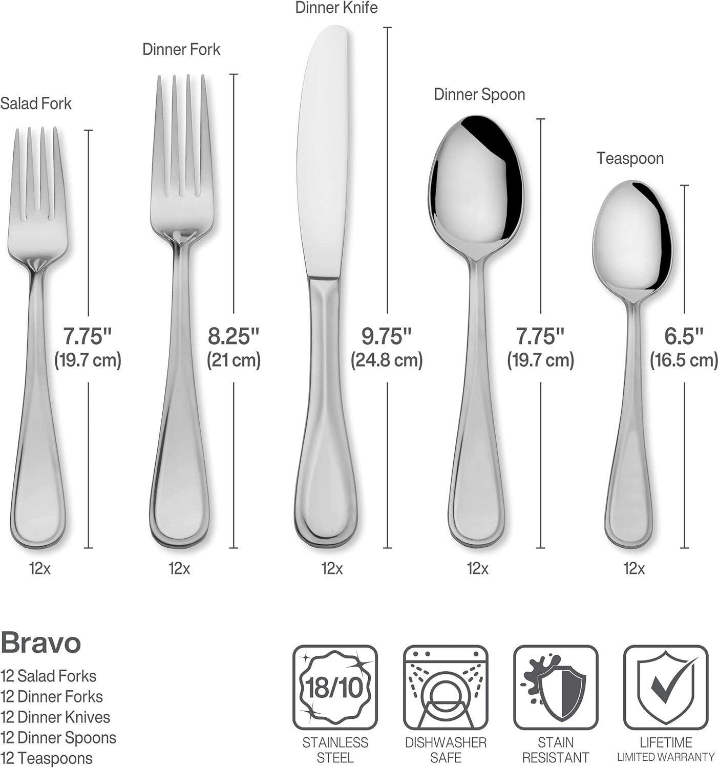 Elegant 65-Piece Bravo Silverware Set - Stain Resistant, Dishwasher Safe Design