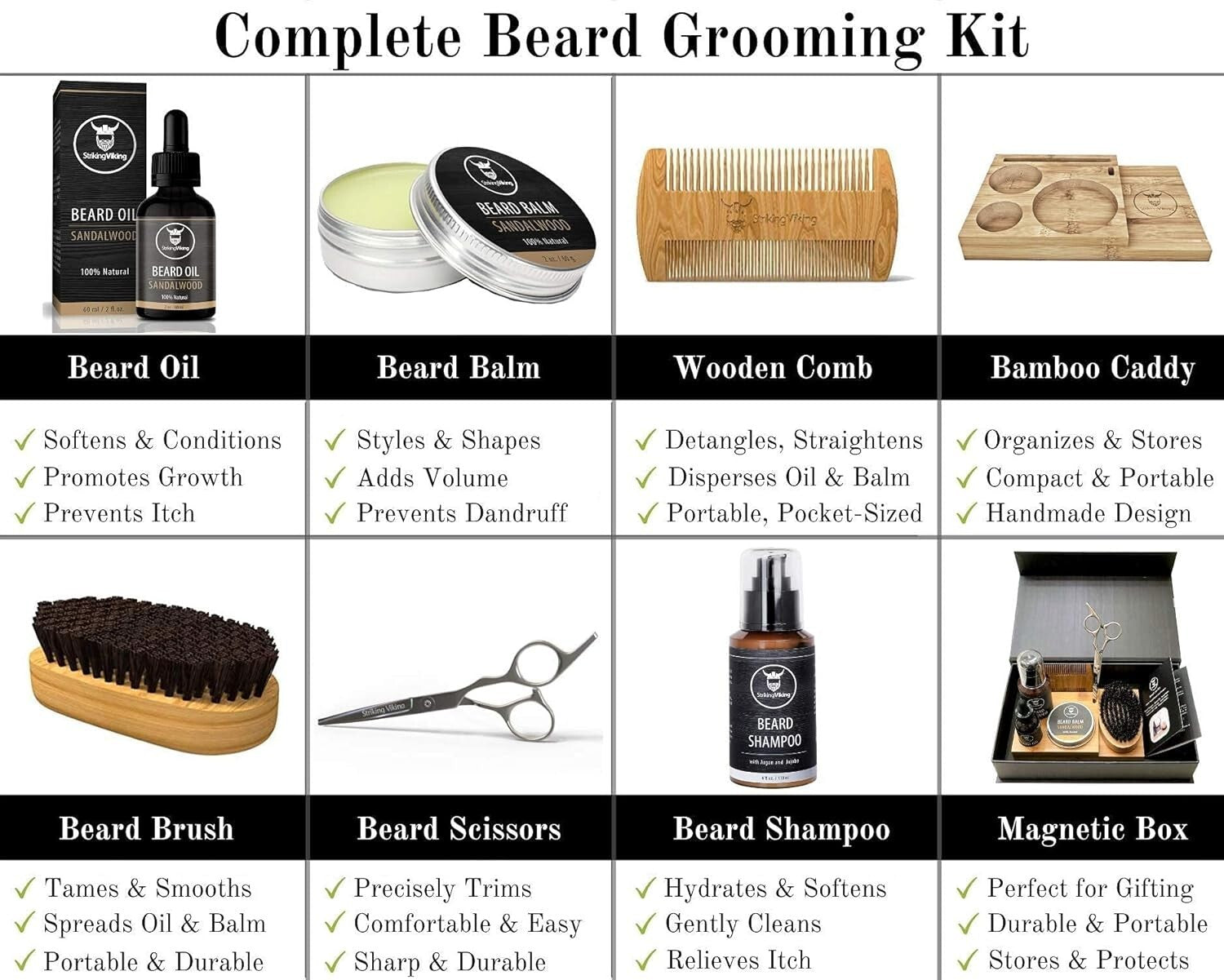 Complete Beard Care Set: Shampoo, Oil, Balm, and Combs in Wooden Caddy