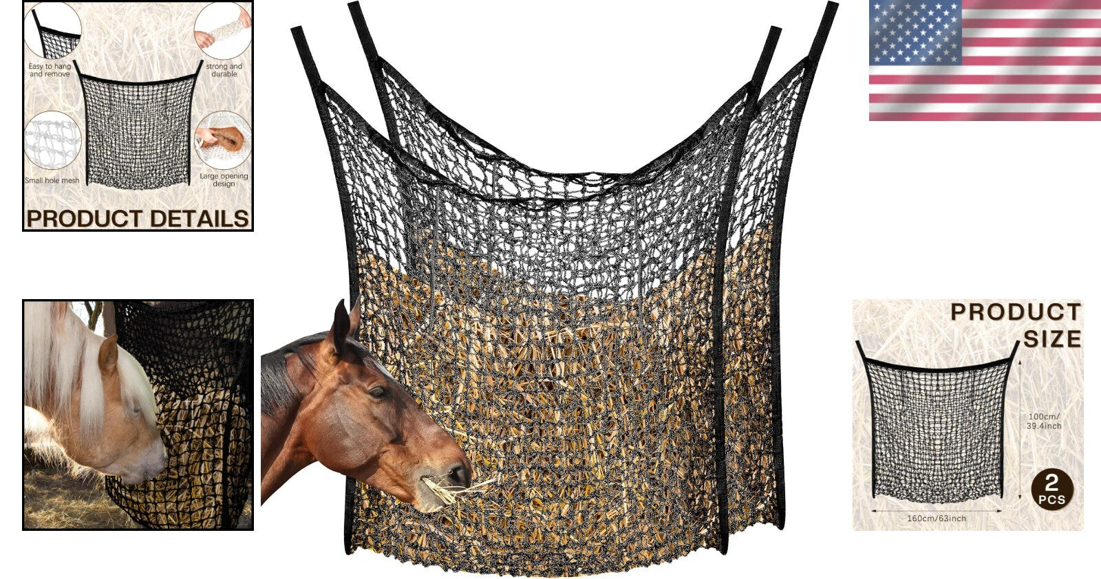 2-Pcs Slow Feed Hay Net Feeder Bags for Healthy Horse & Goat Feeding - 63x40in