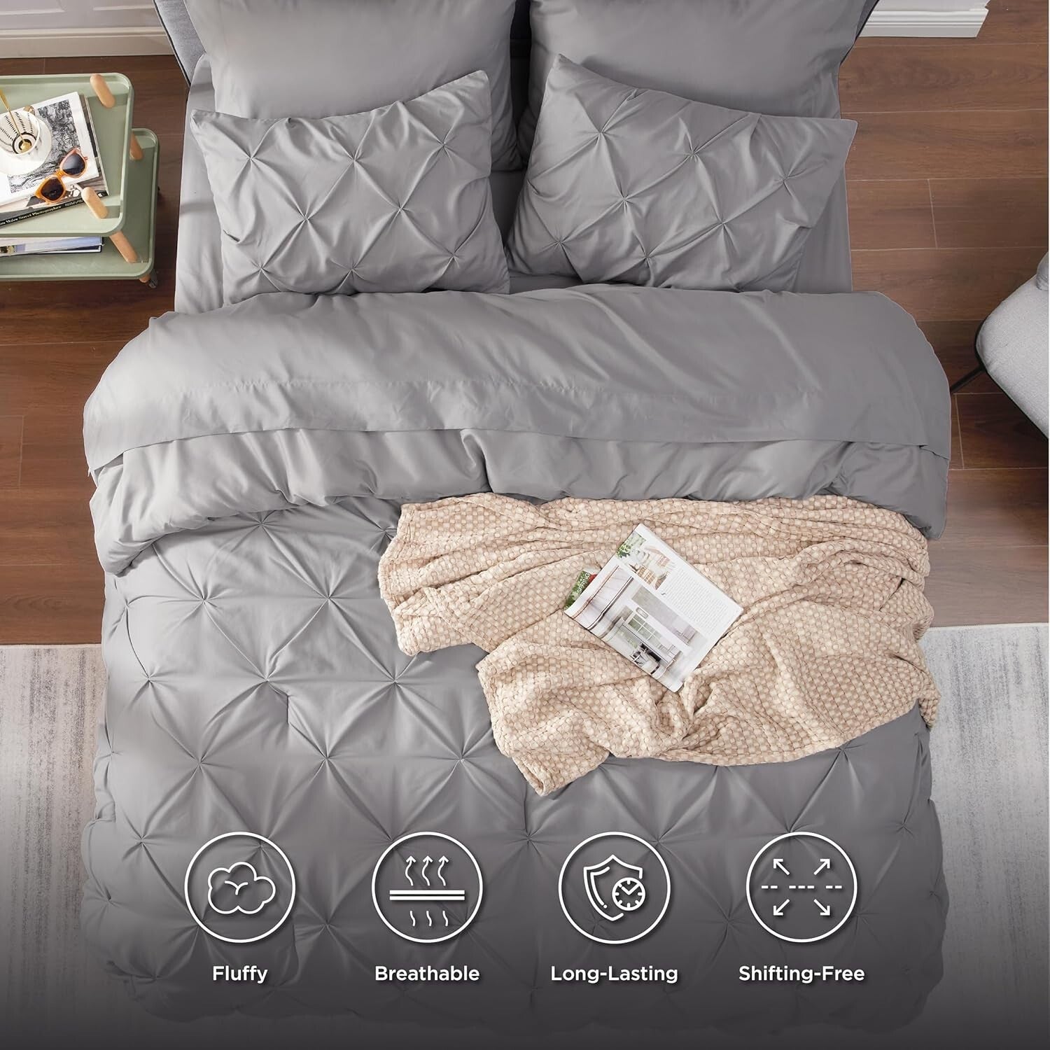 Elegant King Size Comforter Set - 7 Piece Pintuck Grey Bedding Essentials