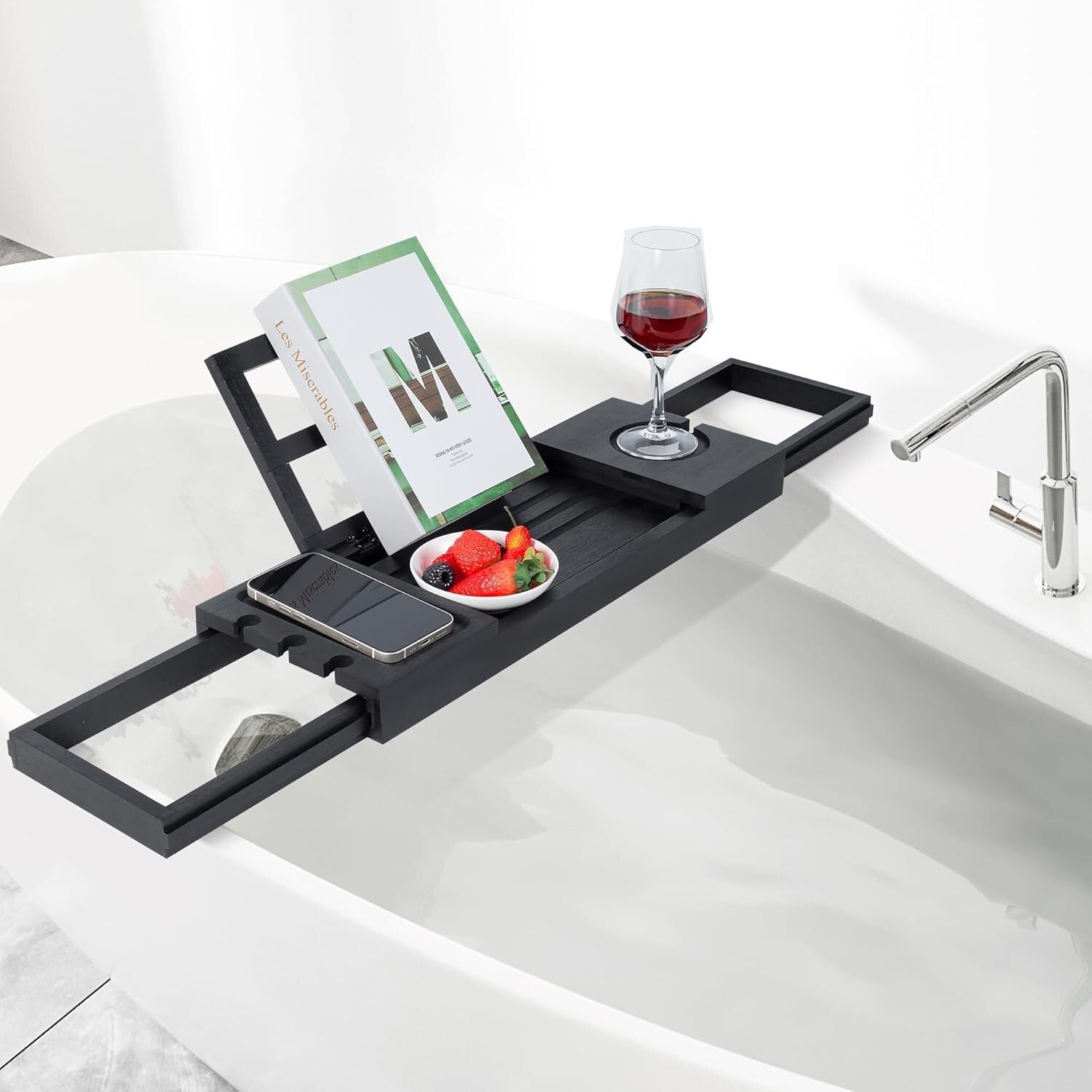 Luxury Bamboo Bath Caddy - Adjustable Tray for Wine Glass, Tablets & Relaxation