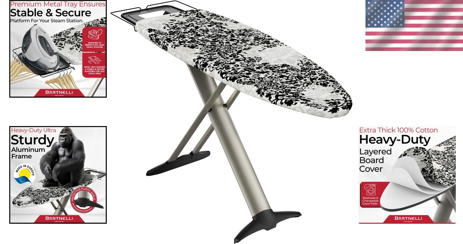 Pro Luxury Ironing Board 62x19 - Adjustable Height, Sturdy & Stylish Design