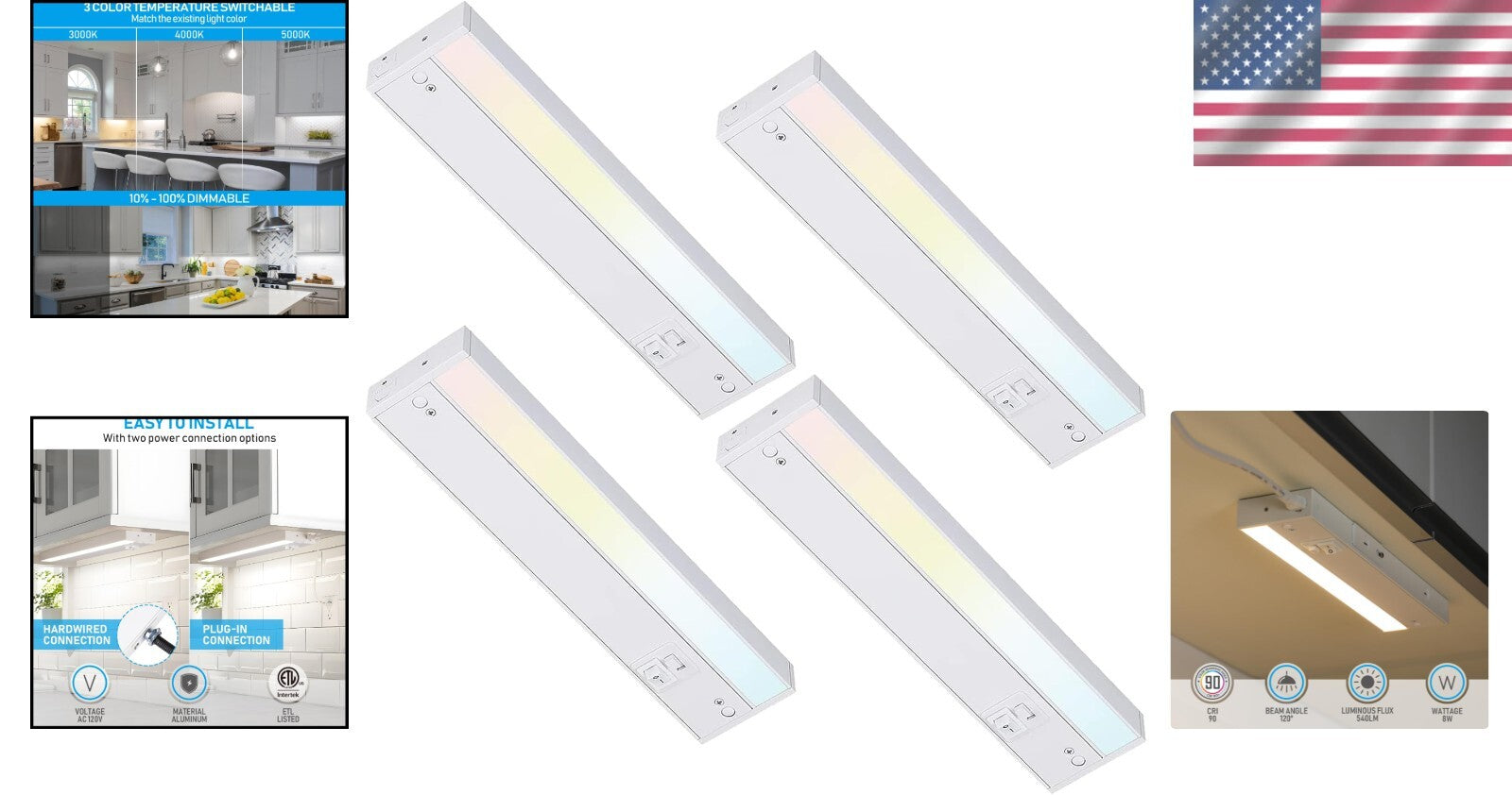 Stylish 4-Pack Under Cabinet LED Lights, 12 Inch, Hardwired & Plug-in Options