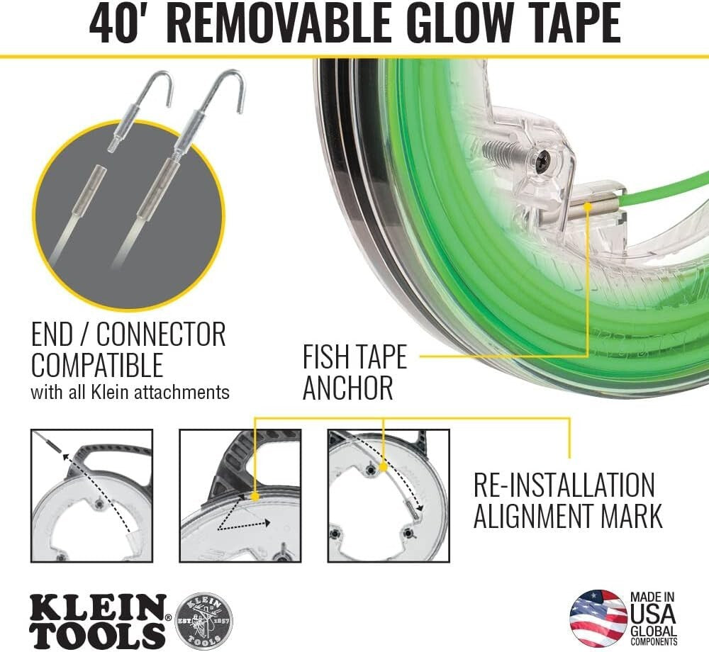 Versatile Glow-in-the-Dark 40-Foot Fish Tape with Stainless Steel End Connector