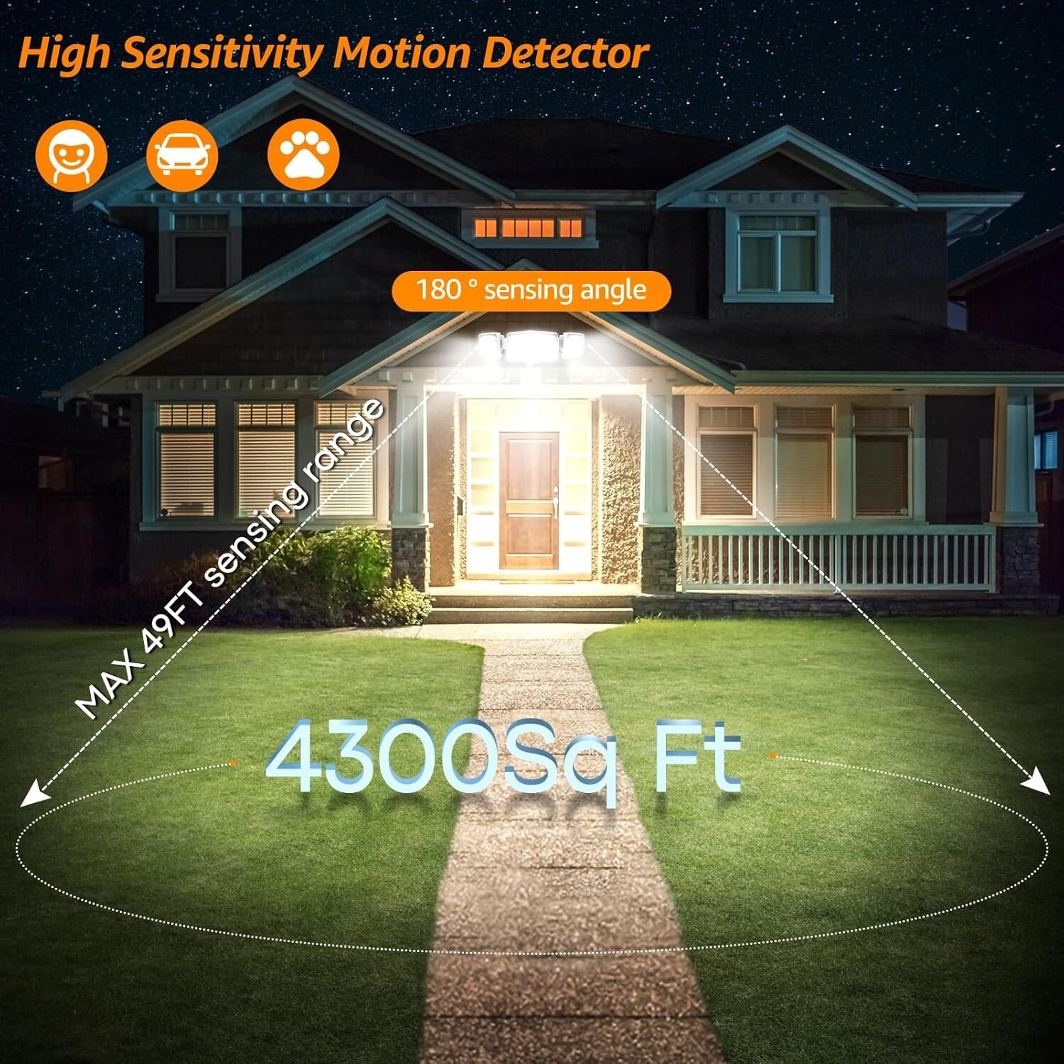 Adjustable 3-Head Motion Sensor Outdoor Lights - Bright 38W Security Floodlight