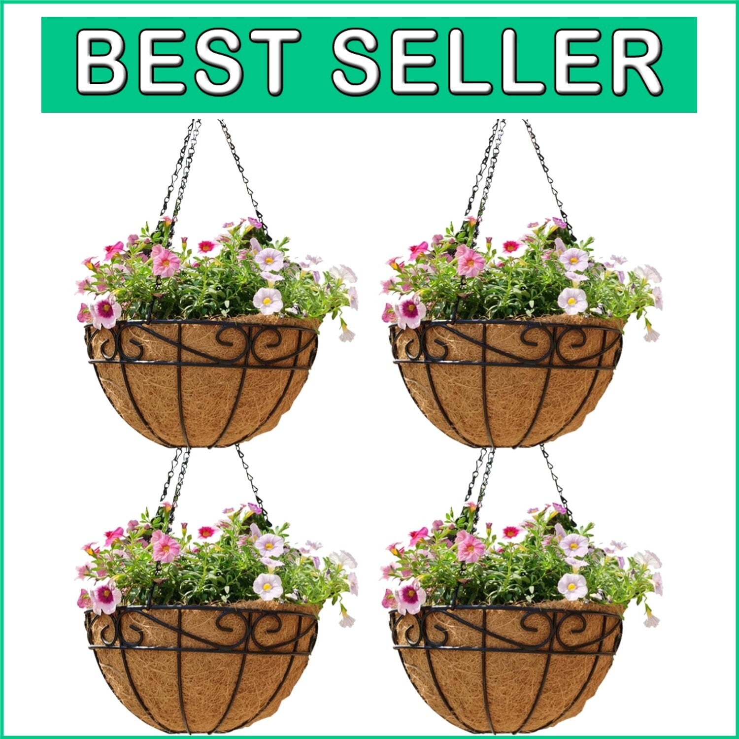 Stylish Set of 4 14" Hanging Planters with Coco Fiber - Ideal for Outdoors