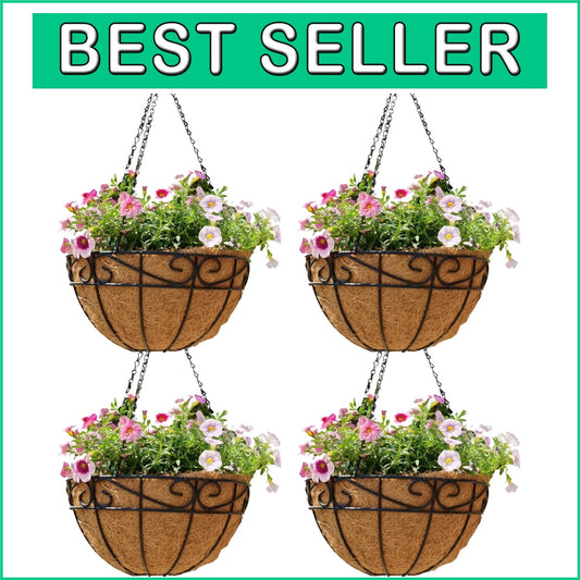 Stylish Set of 4 14" Hanging Planters with Coco Fiber - Ideal for Outdoors
