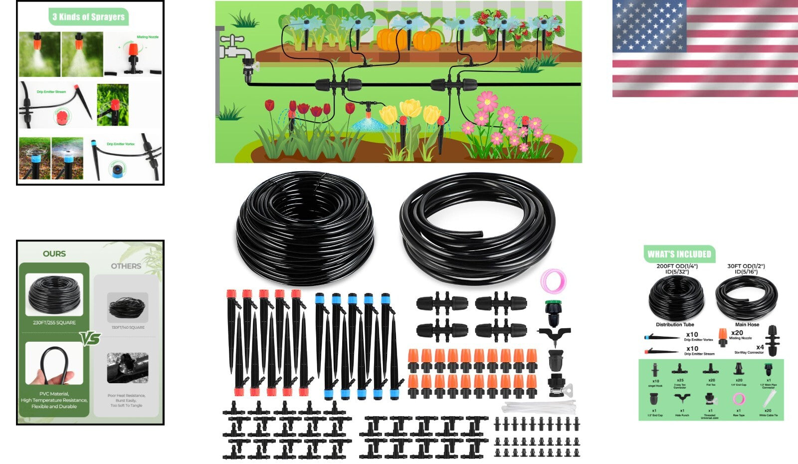 Flexible Modular 230FT Drip Irrigation & Misting System for Garden & Hydroponics