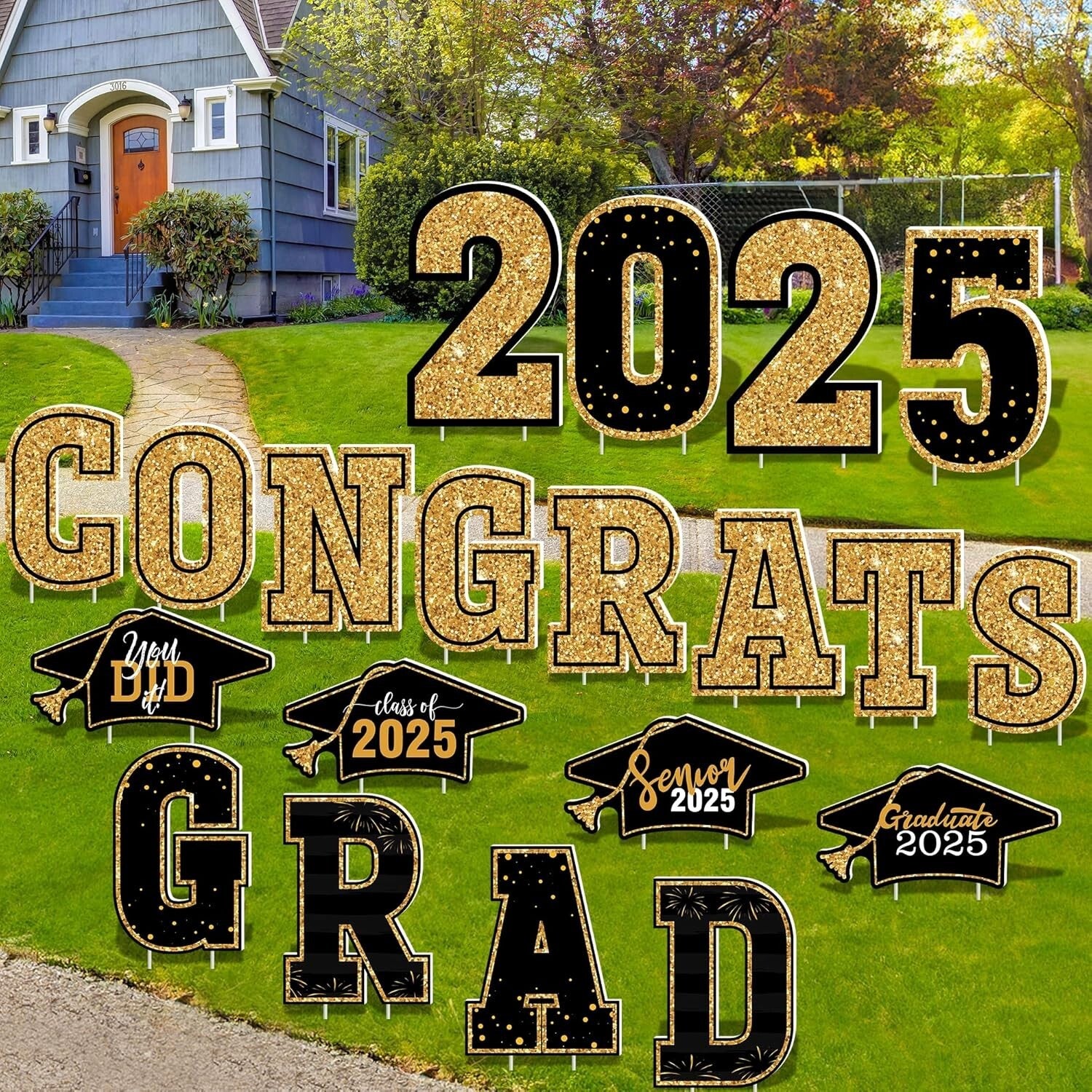 Celebrate Graduation with 20 PCS Black Gold Signs, 2025 Graduation Yard Decor