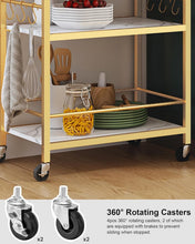 Load image into Gallery viewer, Rustic Marble Gold Rolling Beverage Cart - Perfect for Kitchen and Entertaining