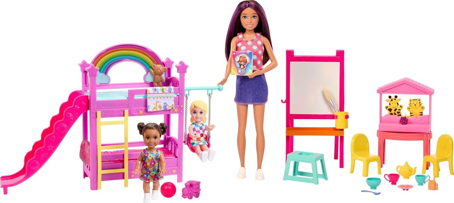 Complete Daycare Playset: Skipper Doll, 2 Toddlers & 15+ Play Items for Ages 3+