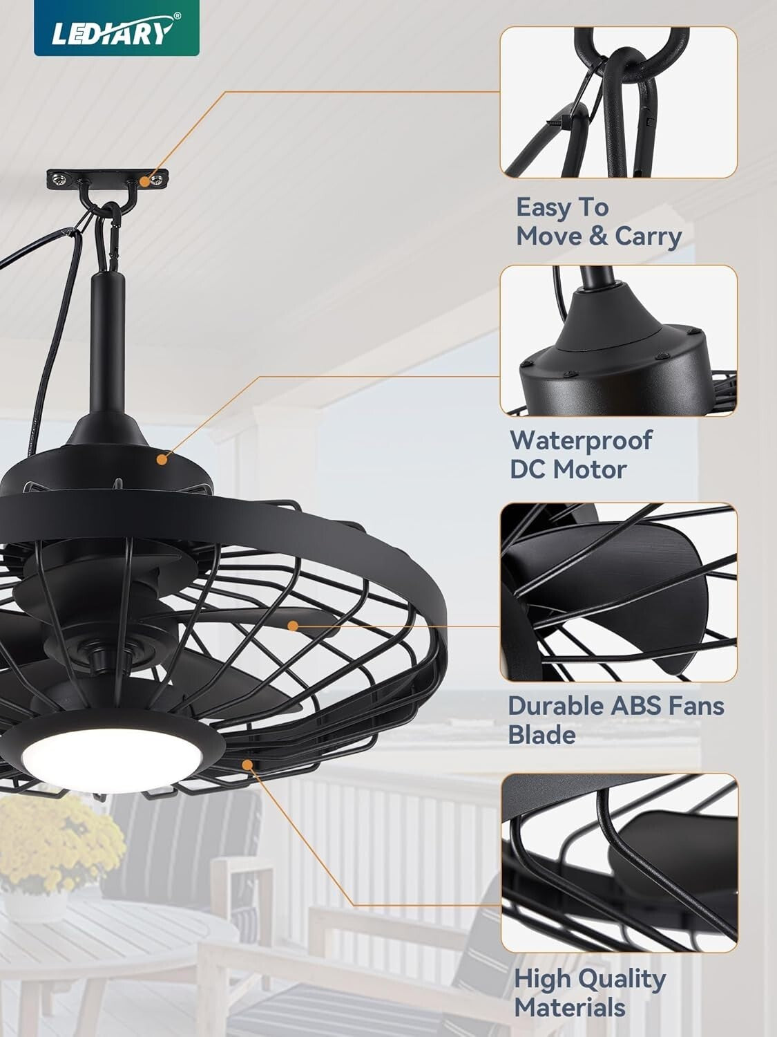 Versatile 20" Caged Ceiling Fan for Patios with Remote & Adjustable LED Light
