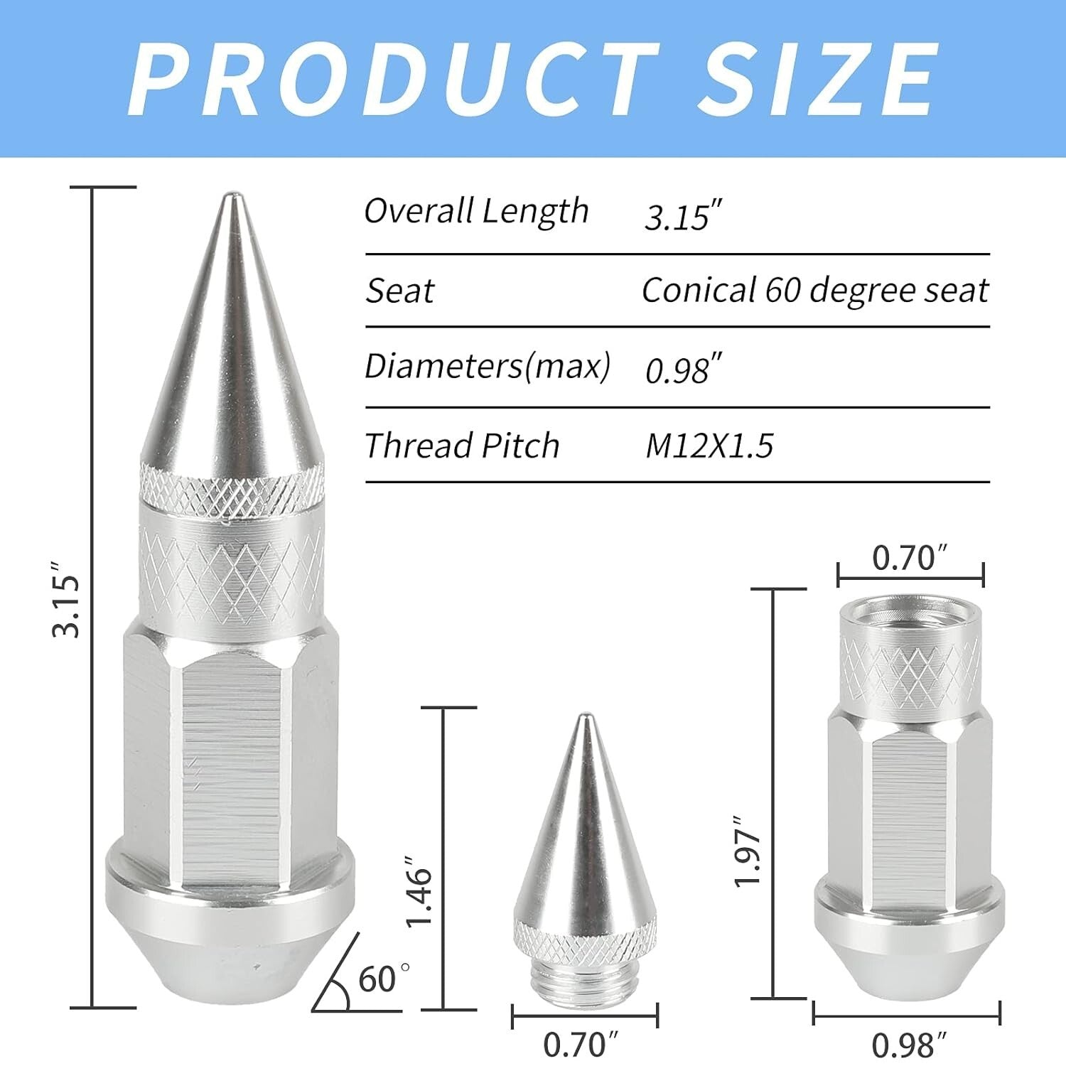 20PCS Silver Aluminum Wheel Spikes Lug Nuts M12X1.5 for Enhanced Aesthetics