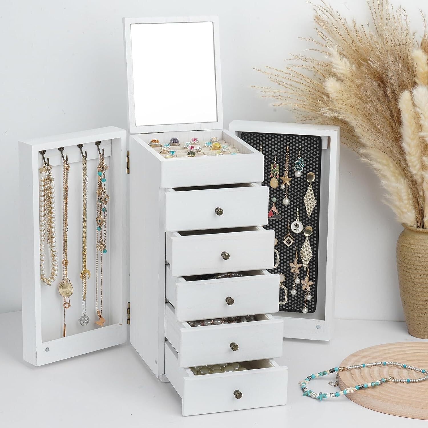 Sturdy White Jewelry Box with 6 Tiers, Mirror & Earring Display Side Doors