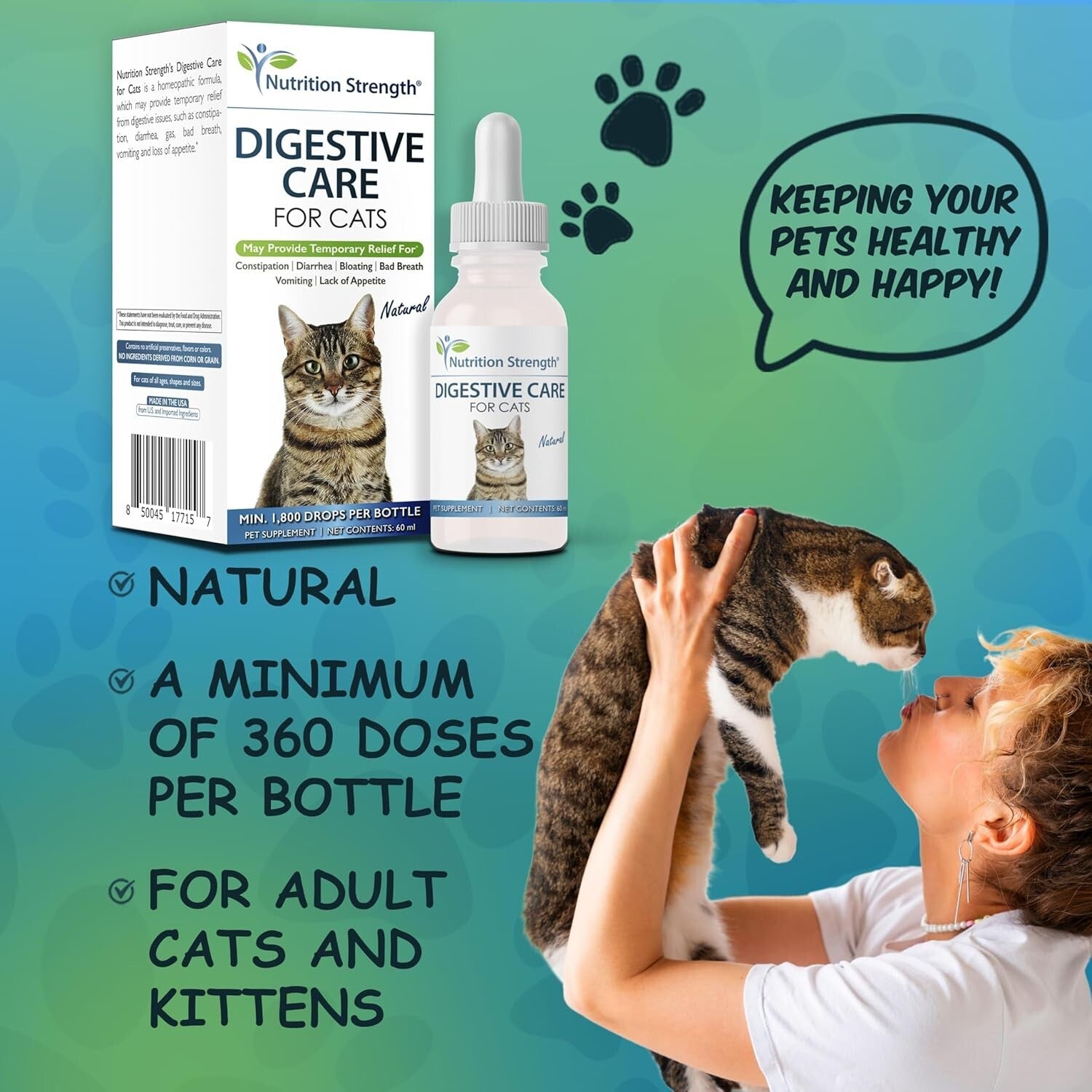 Gentle Digestive Care Drops for Cats - 60ml Natural Constipation & Diarrhea Aid