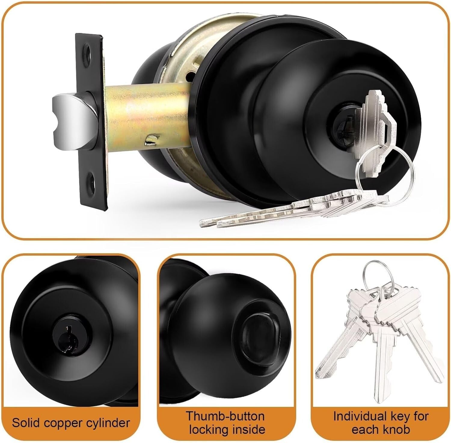 Flat Black Keyed Alike Round Door Knobs – 4 Pack Stainless Steel Security