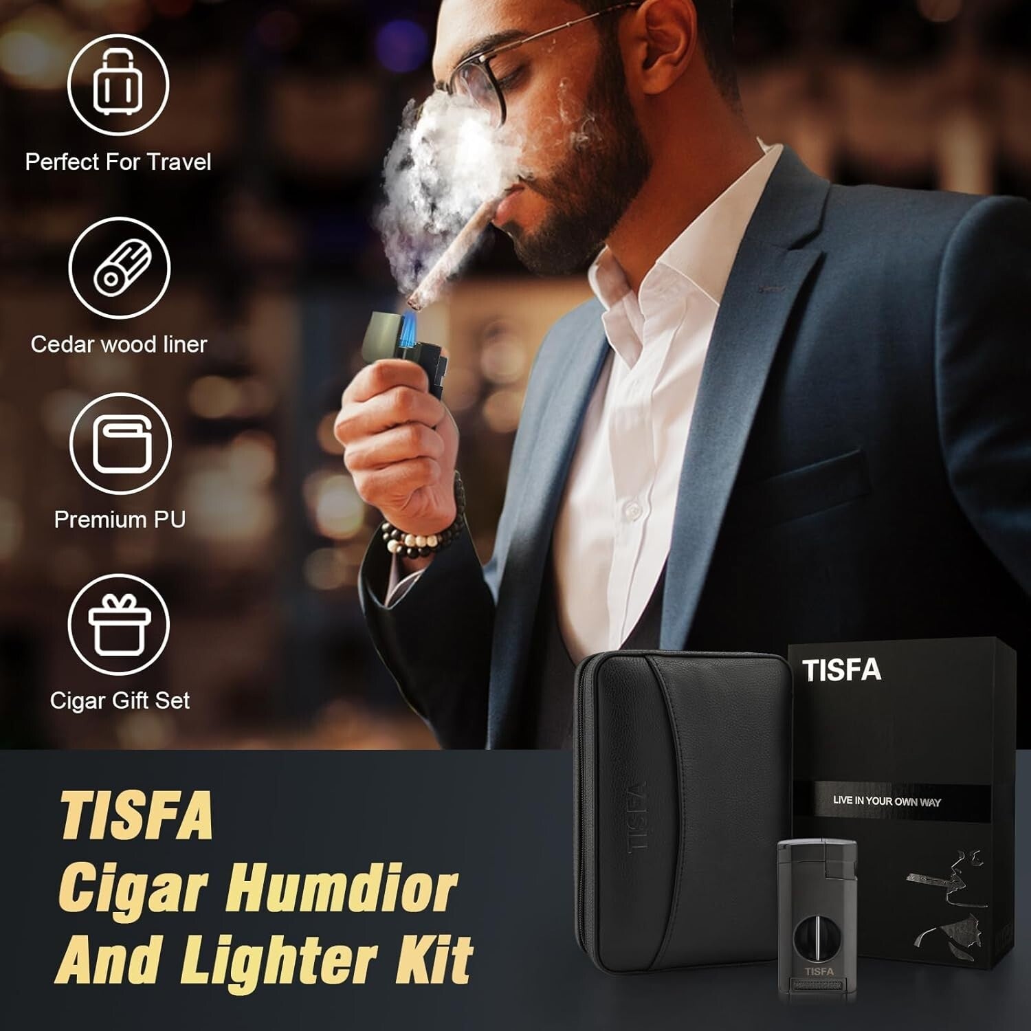 Elegant Leather Cigar Humidor - Portable Cedar Wood Travel Case with Cutter