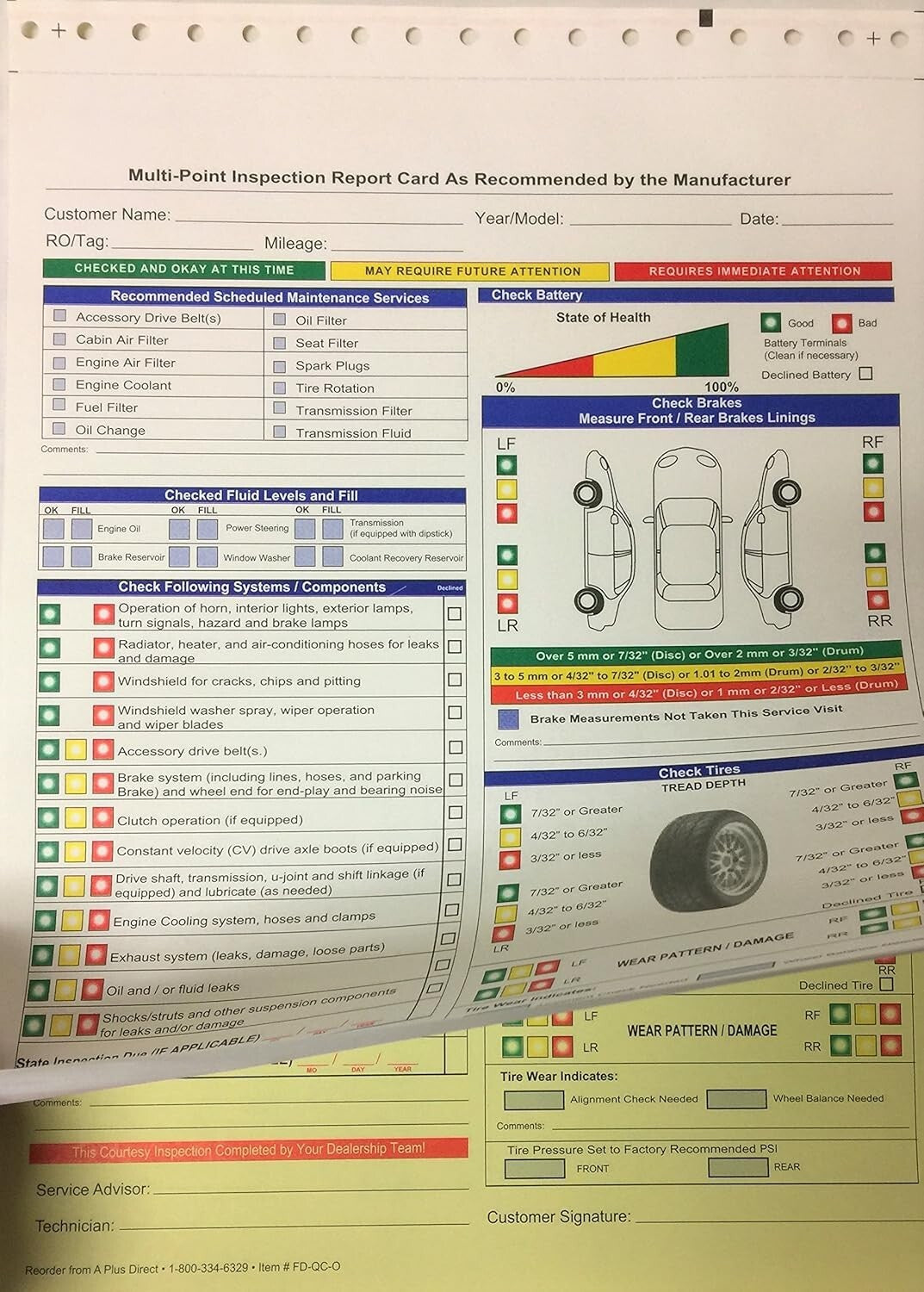 250 Carbonless Multi-Point Inspection Forms - Ideal for Vehicle Service Centers