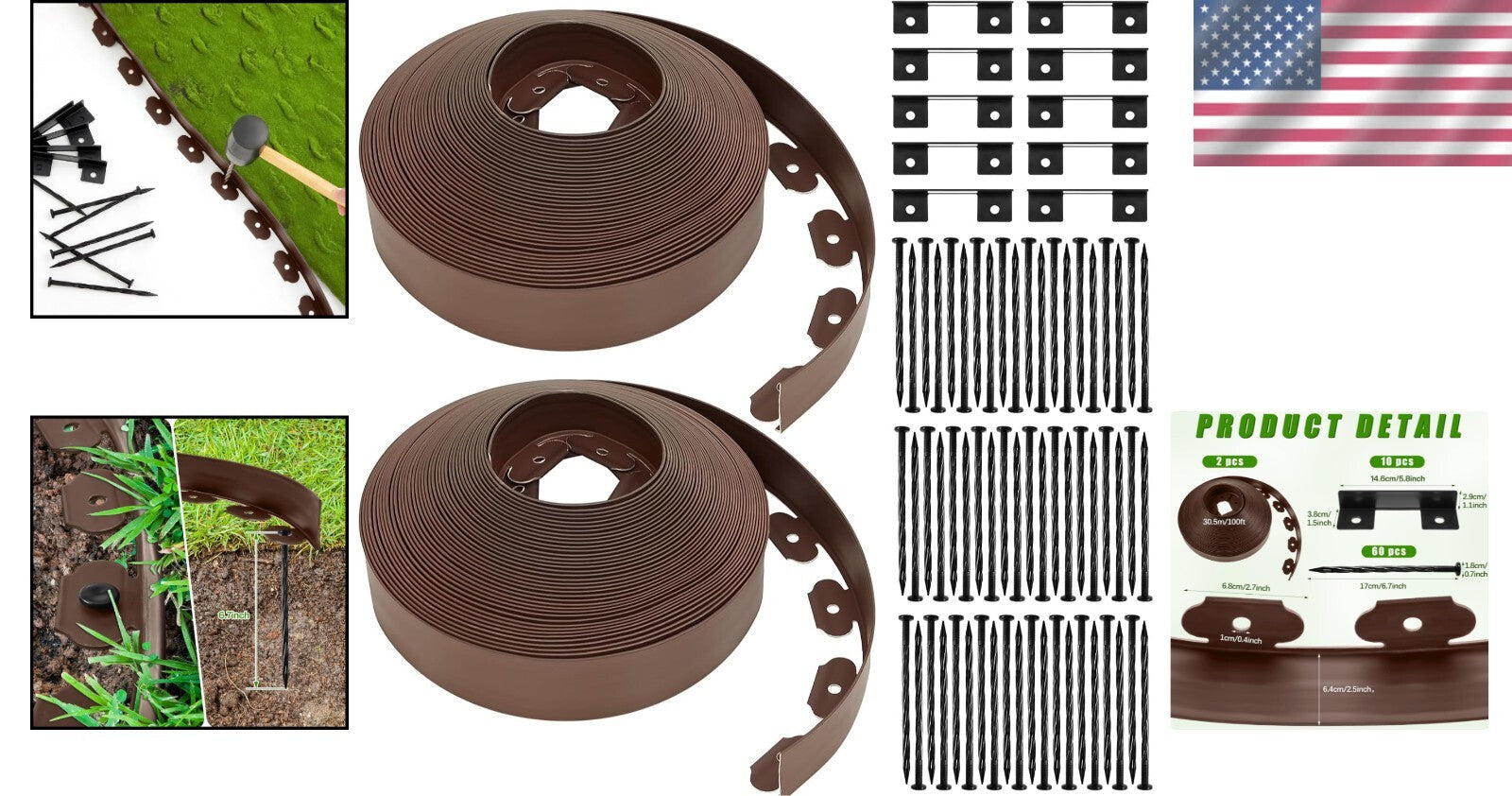 200 Feet Lawn Edging Kit with Anchoring Spikes - Stylish Brown Plastic Design