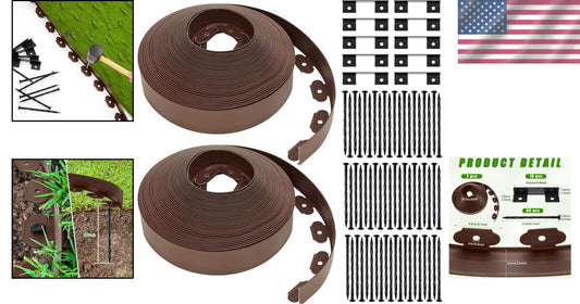 200 Feet Lawn Edging Kit with Anchoring Spikes - Stylish Brown Plastic Design