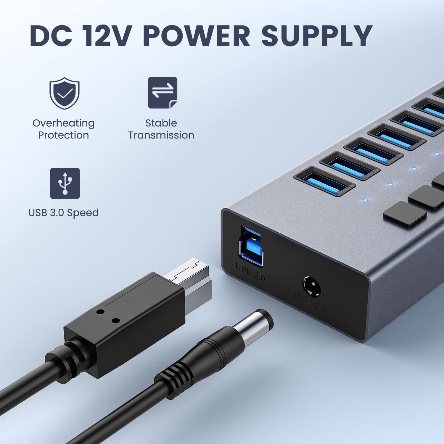 Aluminum 10-Port USB 3.0 Splitter with Surge Protection & 5Gbps Transfer Speed