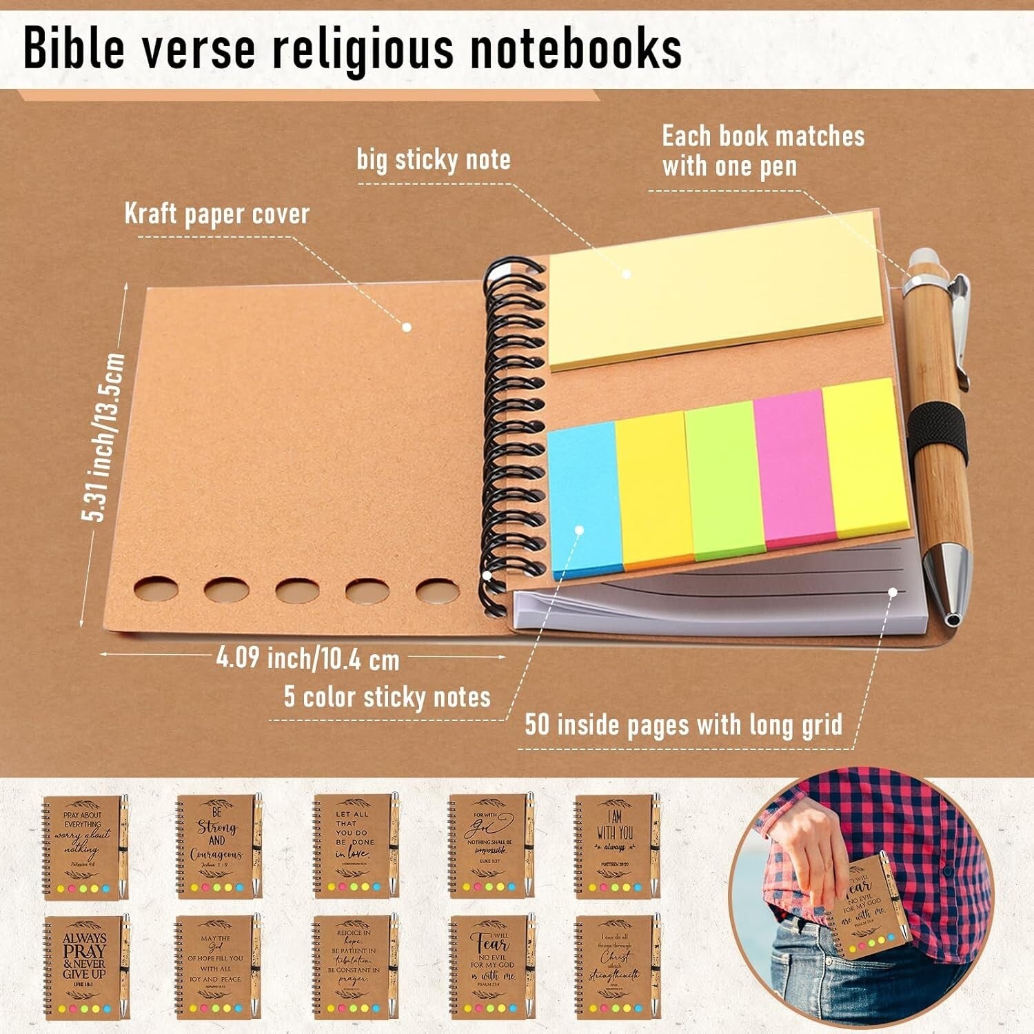 Complete 30 Set Bible Verse Notebooks with Bamboo Pens for Women - Kraft Design