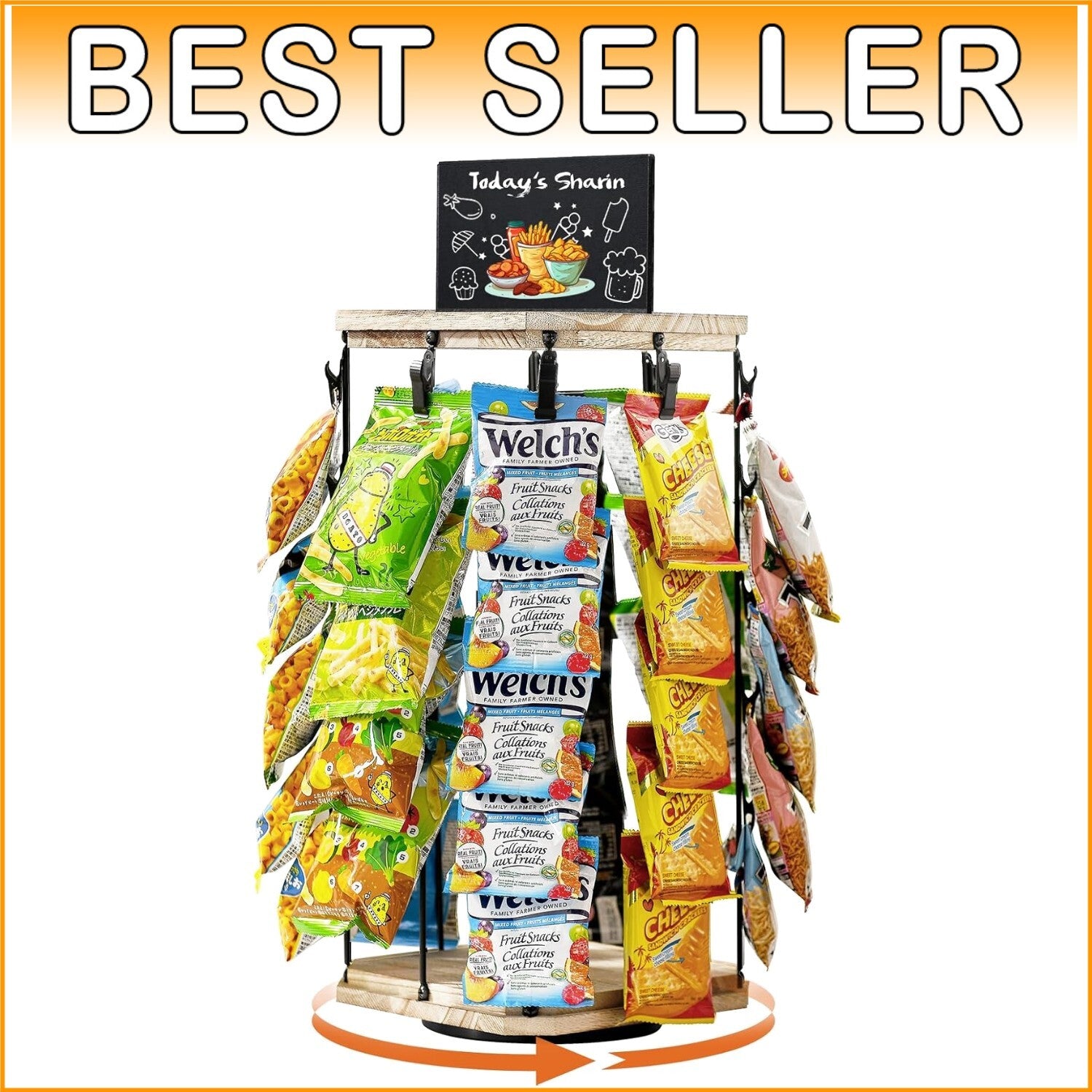 Stylish Wooden Chip Display Rack with 40 Clips and Message Board - 360° Access