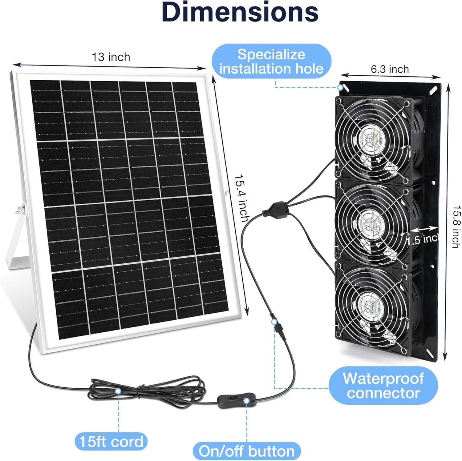3500 RPM Solar Powered 3-Fan Kit with 25W Panel for Outdoor Air Circulation