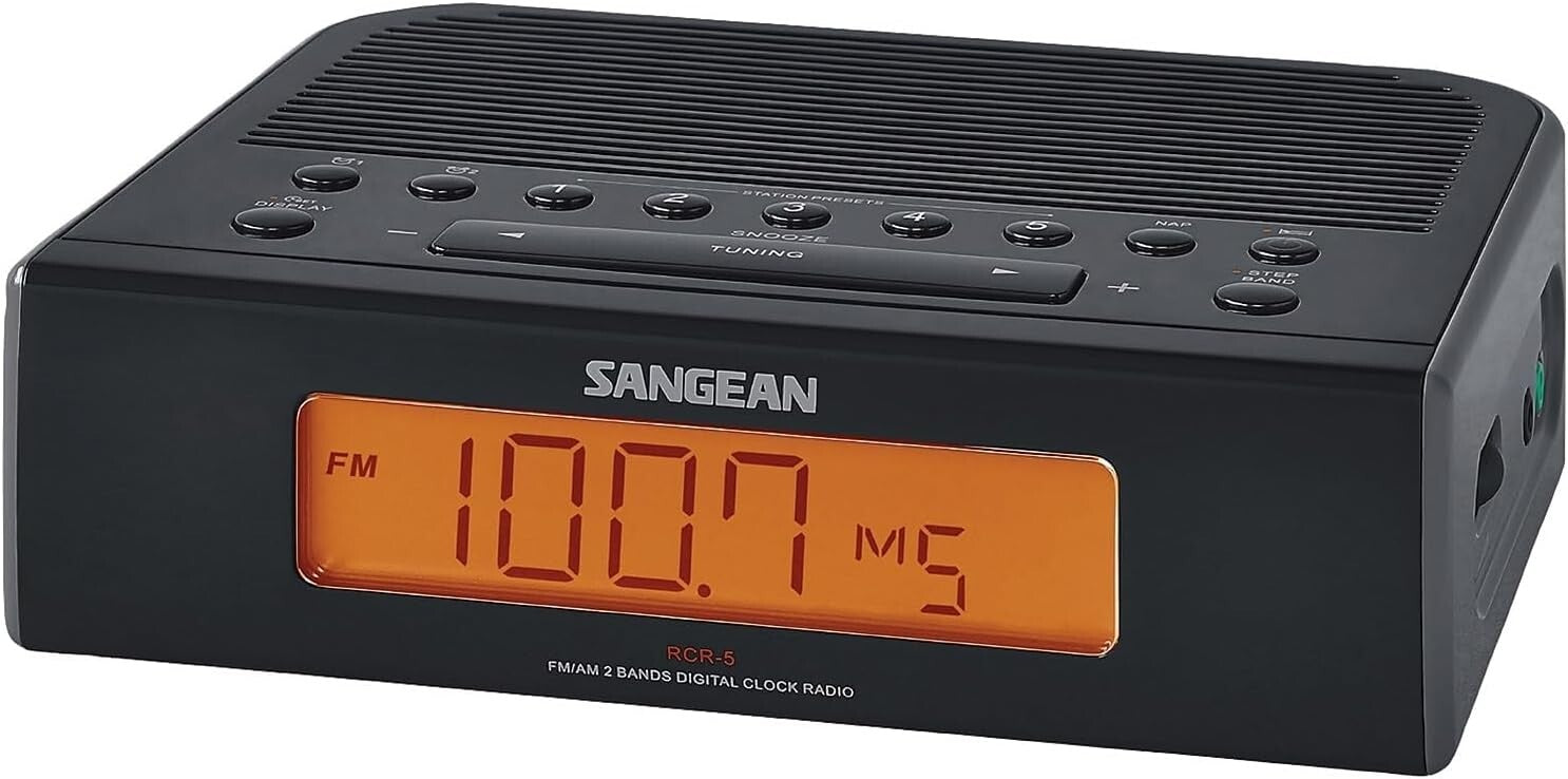 Sleek Black RCR-5 AM/FM Clock Radio with Advanced Timer Functions & Aux Input