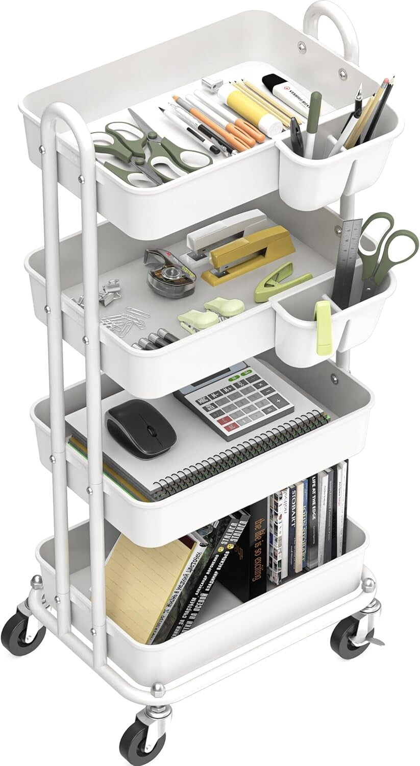 4-Tier Rolling Utility Cart with Hanging Buckets for Stylish Organization