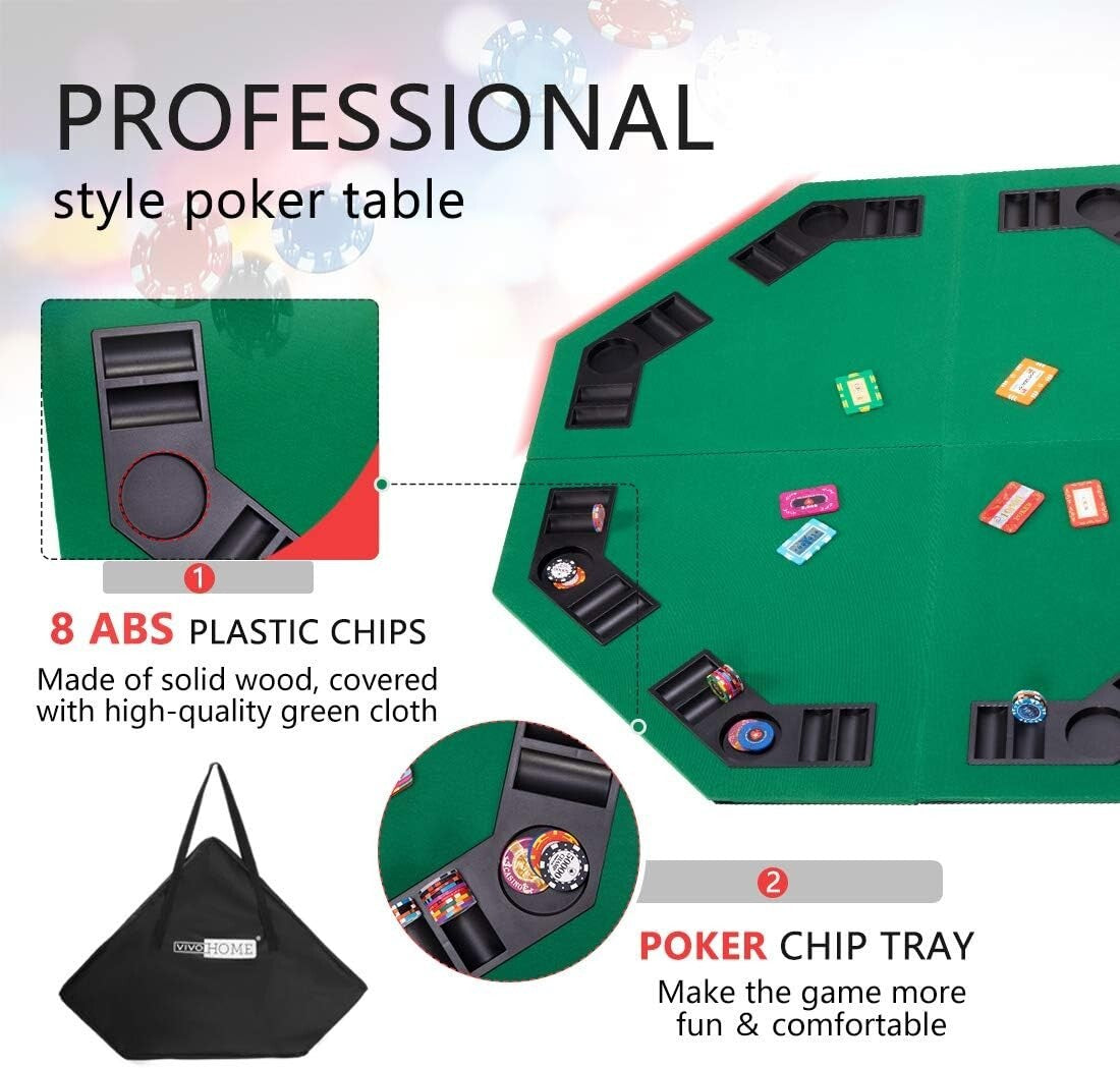 Durable 48-Inch Poker Table - Anti-Slip Mat for 8 Players with Drink Holders