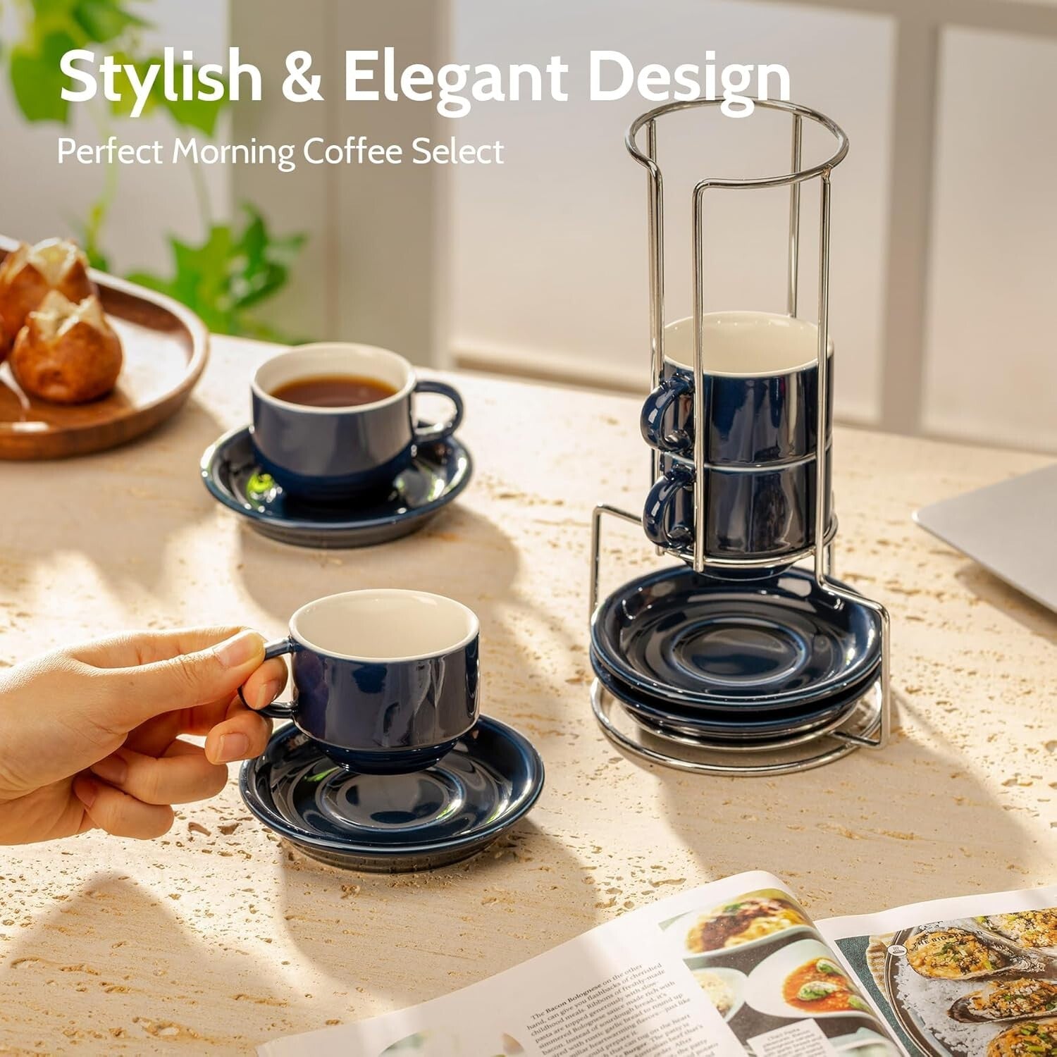 Set of 4 Stackable 4oz Espresso Cups with Saucers & Stand - Navy Comfort