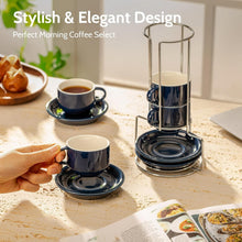 Load image into Gallery viewer, Set of 4 Stackable 4oz Espresso Cups with Saucers &amp; Stand - Navy Comfort