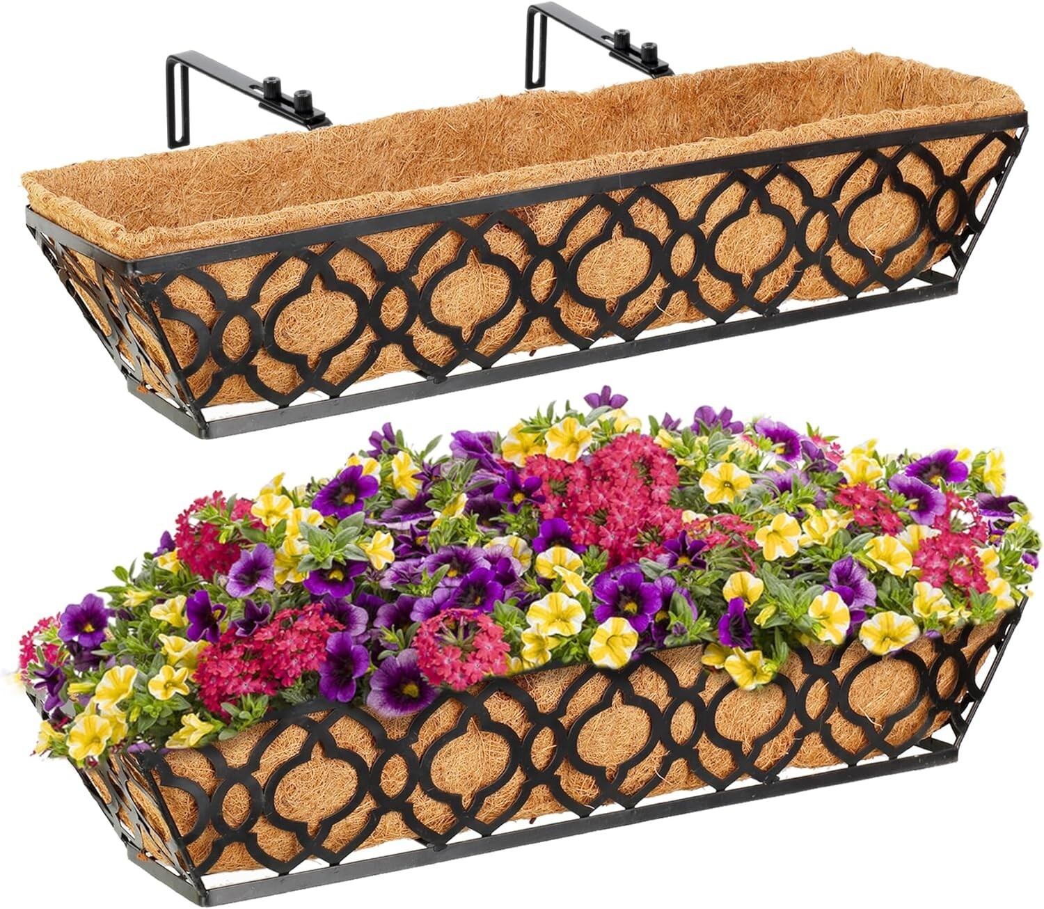 Elegant 24" Planter Boxes with Quatrefoil Design and Coconut Liner - 2 Piece Set